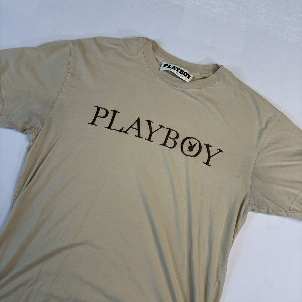 Playboy T-Shirt Mens Small Tan Embroidered Logo PacSun Short Sleeve Crew Neck